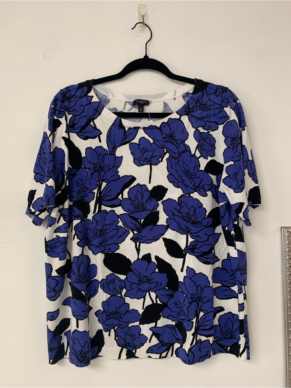 Talbots White Tee with Bold Blue Floral Print